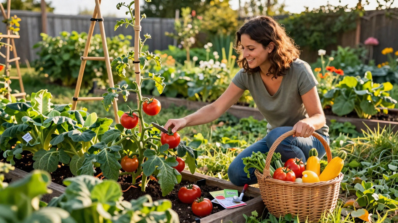 Mulher colhendo tomates em horta com cesta cheia de legumes frescos em dia ensolarado.
