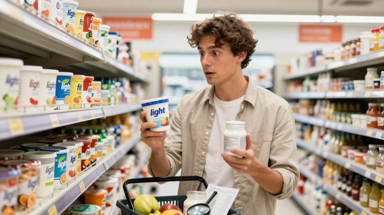 Homem jovem compara potes de iogurte light em corredor de supermercado.