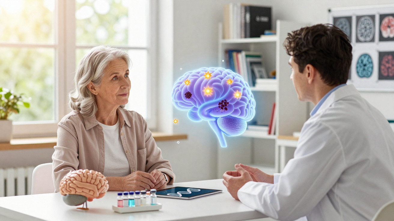 Mulher idosa em consulta médica com neurologista e ilustração digital de cérebro com vírus.