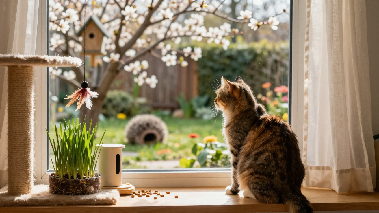 Gato sentado no parapeito da janela olhando para o jardim florido com árvore de flores brancas.