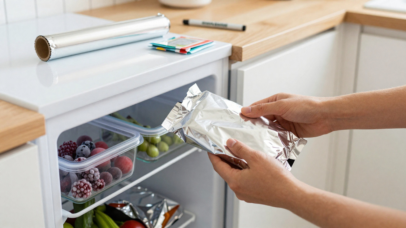 Mãos segurando alimento embalado em papel alumínio próximo à geladeira com frutas em potes plásticos.