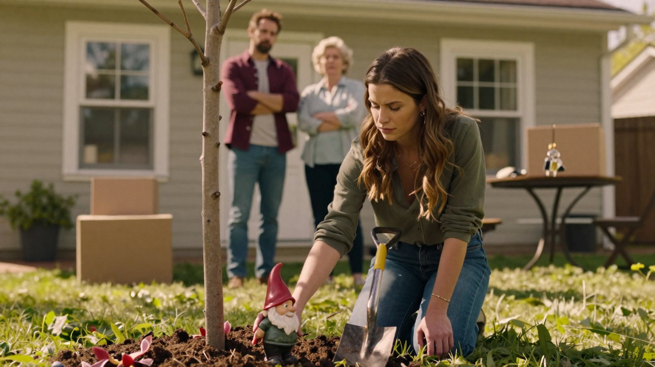 Mulher plantando árvore no jardim enquanto duas pessoas observam ao fundo em frente à casa.