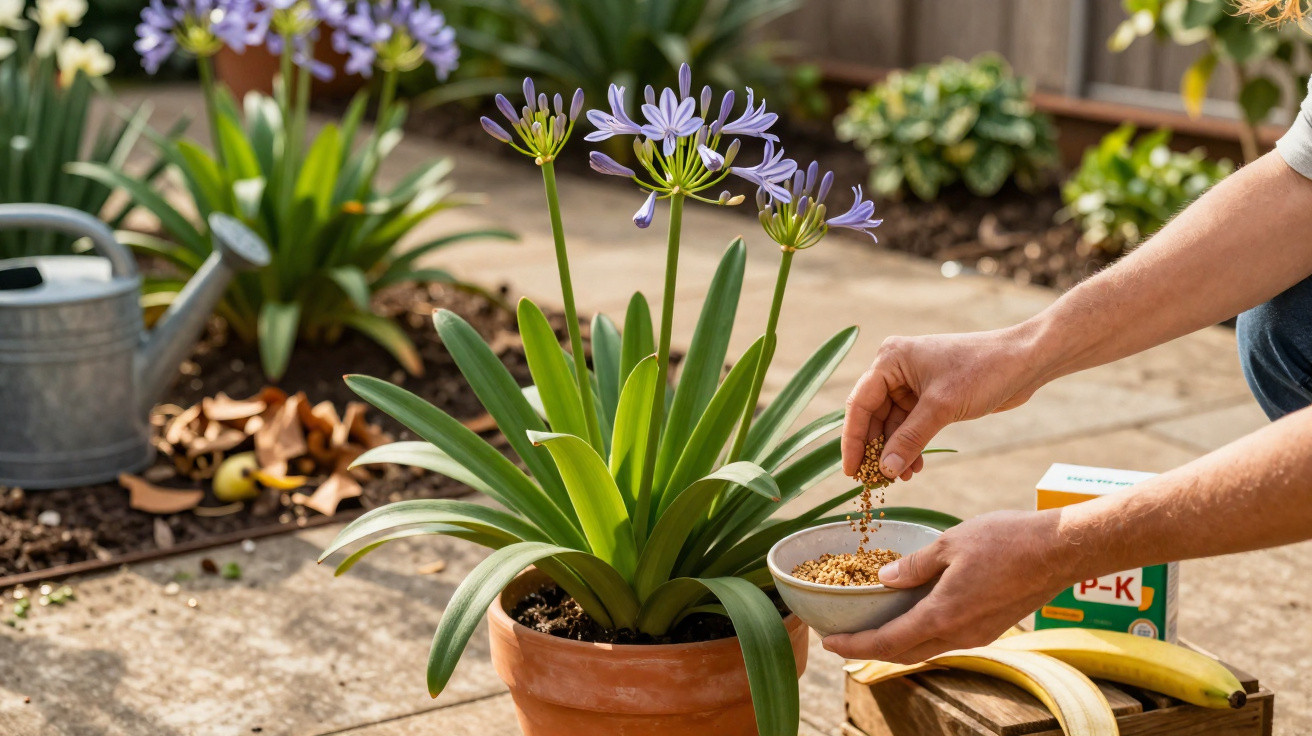 Pessoa aplicando fertilizante granular em planta com flores lilases em vaso de cerâmica no jardim.