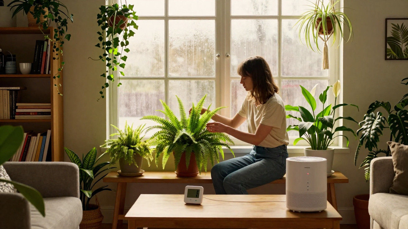Mulher cuidando de plantas em vaso sentada em banco perto de janela em sala com decoração aconchegante.