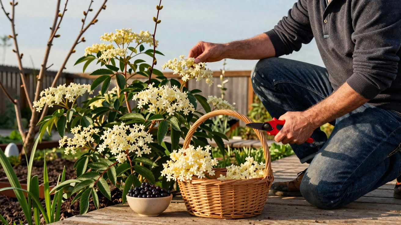 Pessoa colhendo flores brancas com tesoura ao lado de cesta de vime e tigela com frutas escuras no jardim.