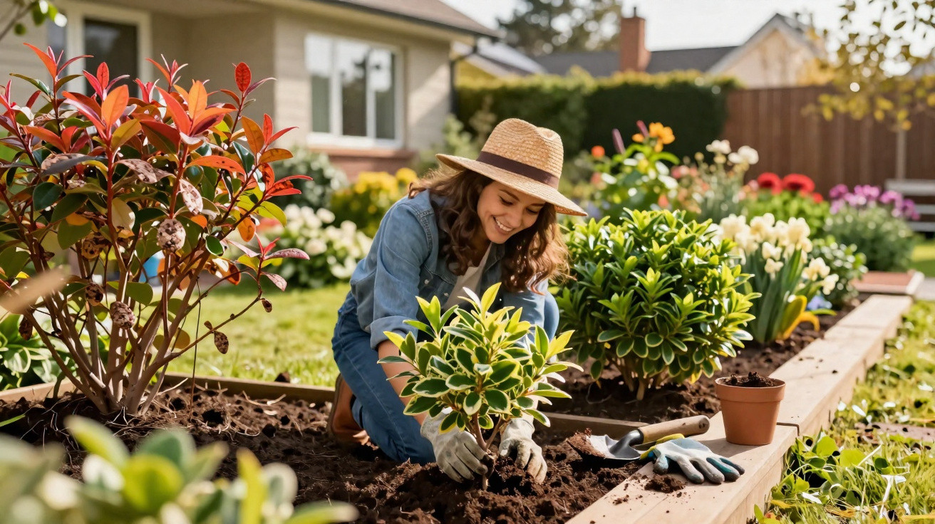 Mulher sorrindo plantando muda em canteiro de jardim florido ensolarado, usando chapéu e luvas.