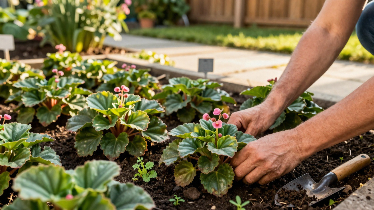 Mãos plantando flores cor-de-rosa em canteiro de jardim com terra e pequenas mudas verdes.