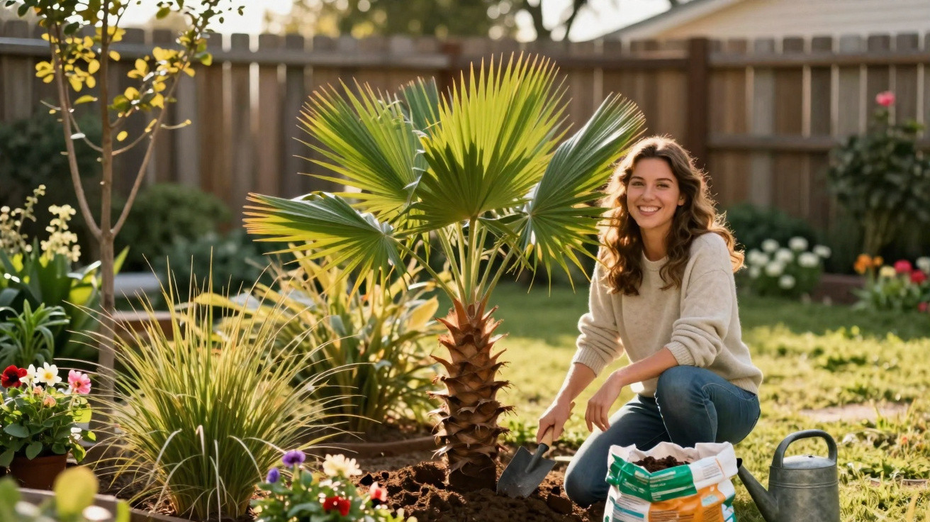 Mulher sorridente plantando palmeira em jardim com flores e regador ao lado em dia ensolarado.