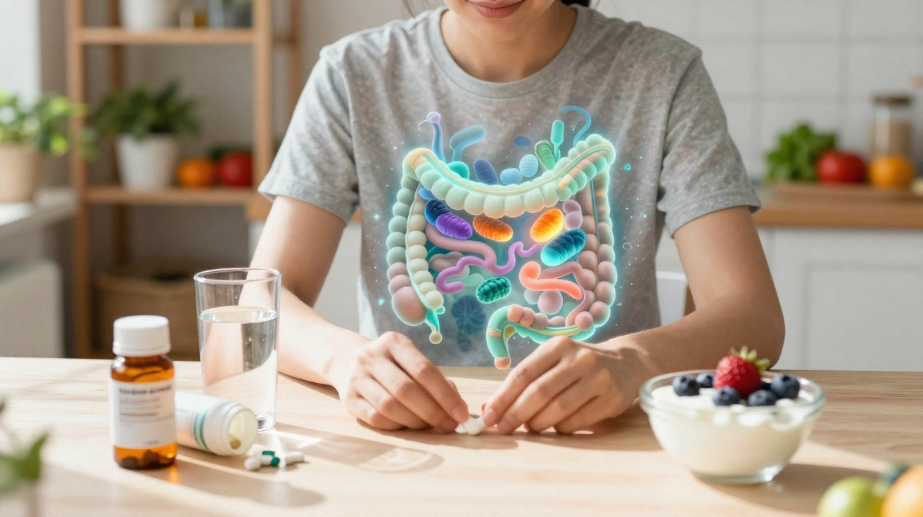Pessoa segurando comprimido com ilustração de intestino e bactérias, copo de água e remédios na mesa.