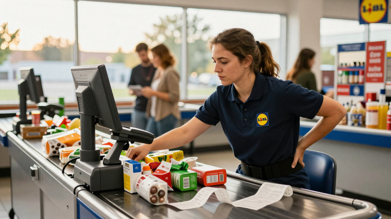 Funcionária do supermercado Lidl registrando produtos no caixa com clientes ao fundo.