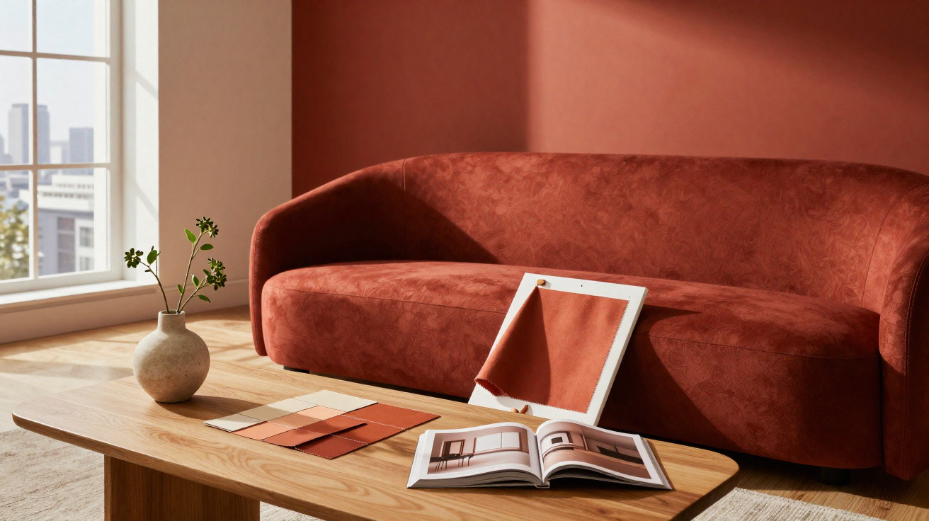 Sofá vermelho em sala iluminada, com mesa de madeira, vaso com plantas e amostras de tecido e revista.
