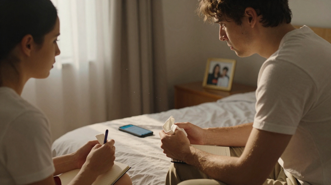 Homem e mulher sentados na cama conversando, ele com lenço nas mãos e ela anotando em caderno.