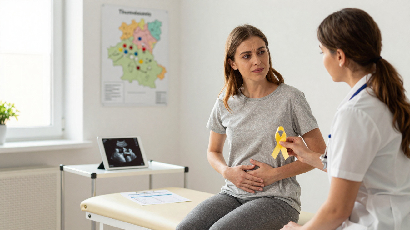 Mulher grávida consulta médica, médica segura laço amarelo, símbolo de conscientização sobre a saúde materna.