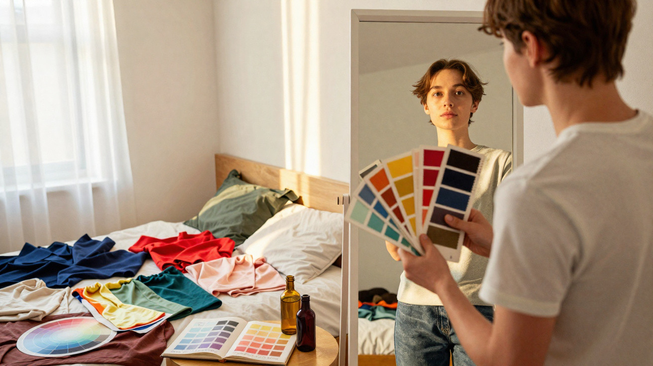 Pessoa segurando amostras de cores diante de um espelho, com tecidos e catálogo de cores na cama.