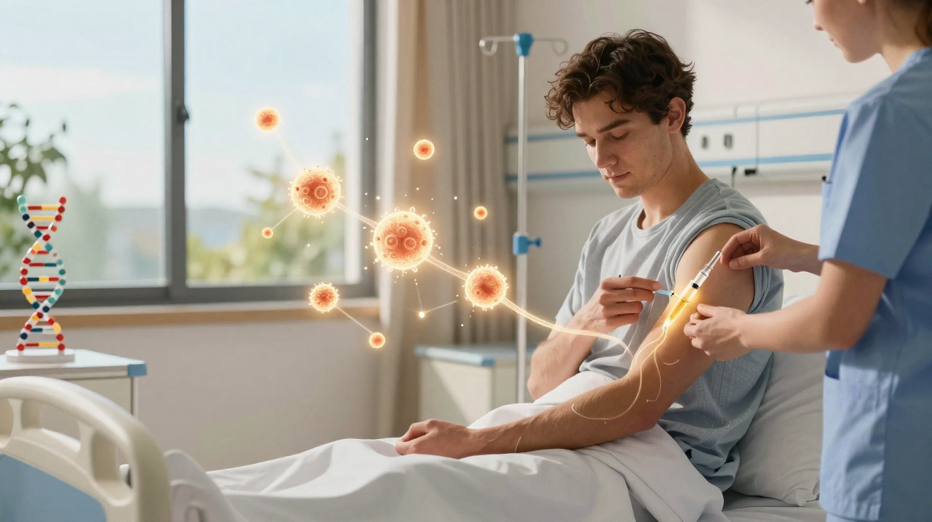 Paciente recebendo vacina em braço com elementos gráficos de vírus e DNA em ambiente hospitalar.