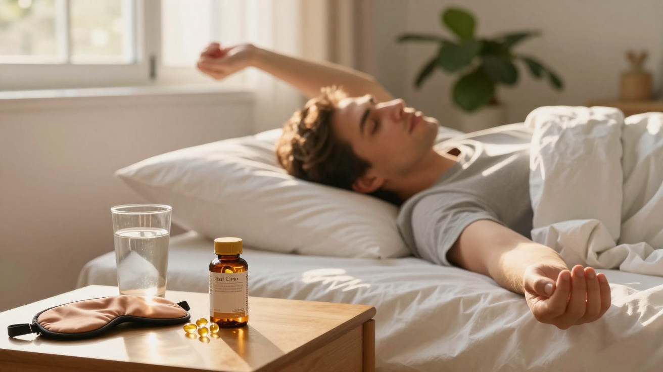 Homem deitado na cama ao lado de mesa com cápsulas, frasco de suplemento, copo de água e máscara para dormir.