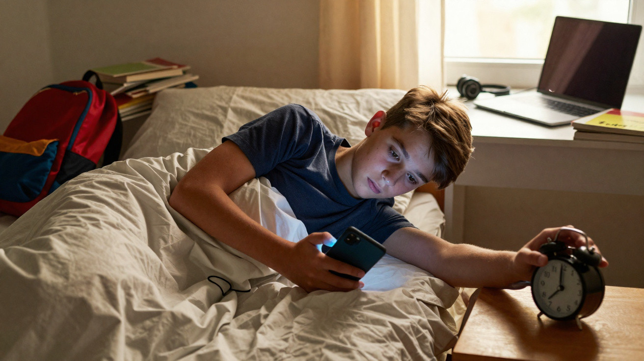 Adolescente deitado na cama olhando para o celular e segurando despertador em quarto aconchegante.