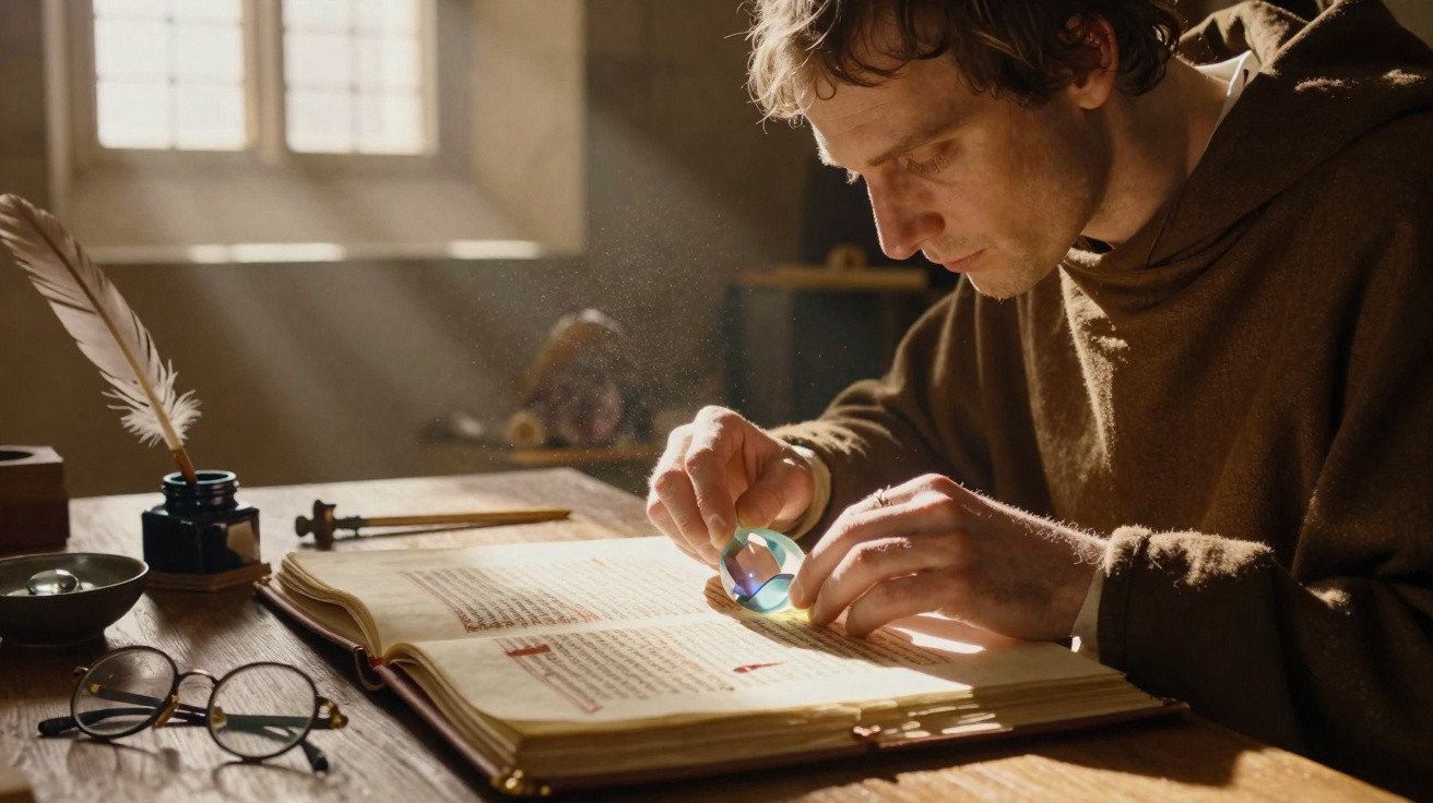 Homem estudando manuscrito antigo com lente de aumento em mesa iluminada por luz natural.