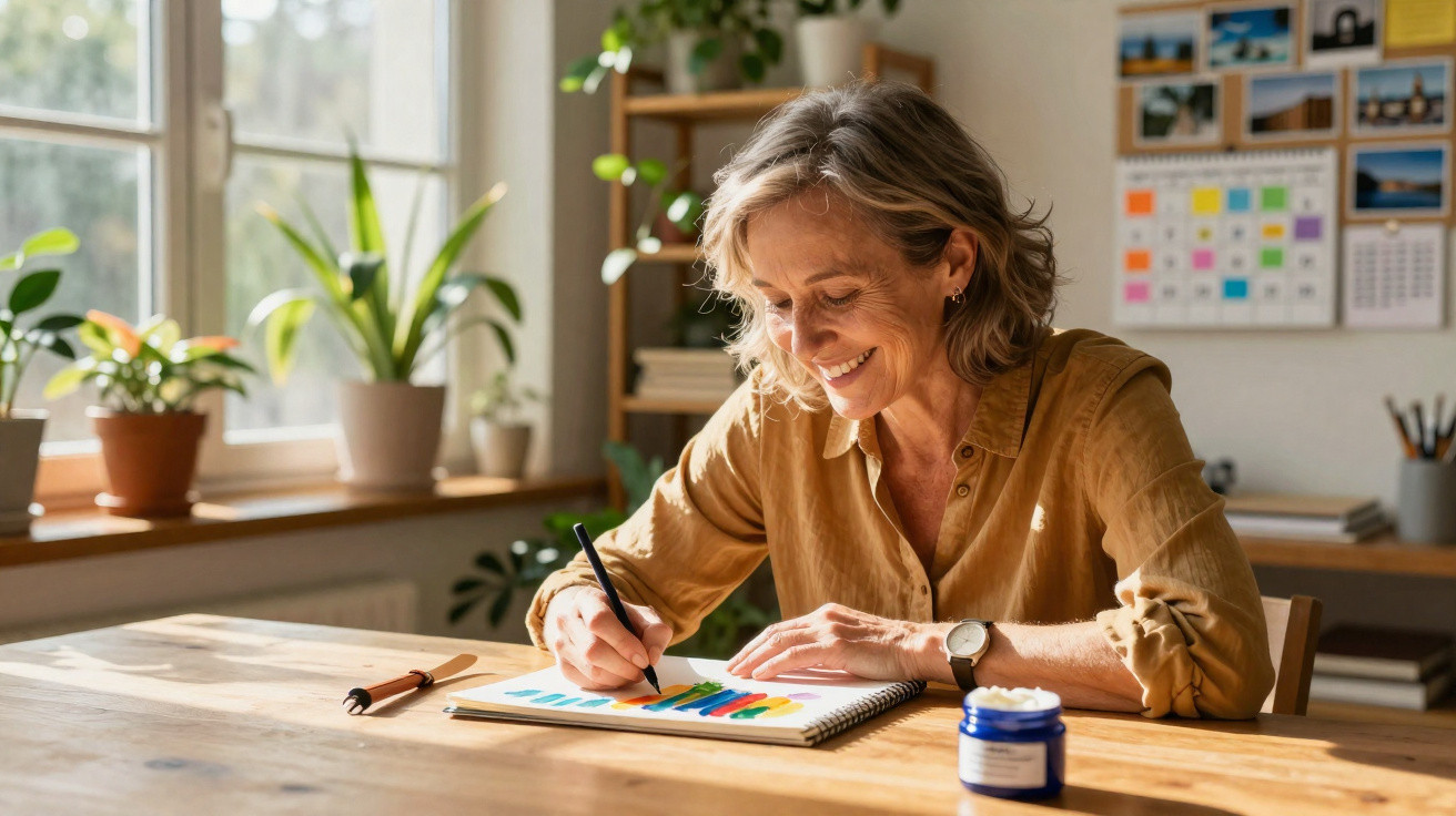 Mulher sorridente pintando gráfico colorido em caderno, sentada em mesa iluminada por luz natural.