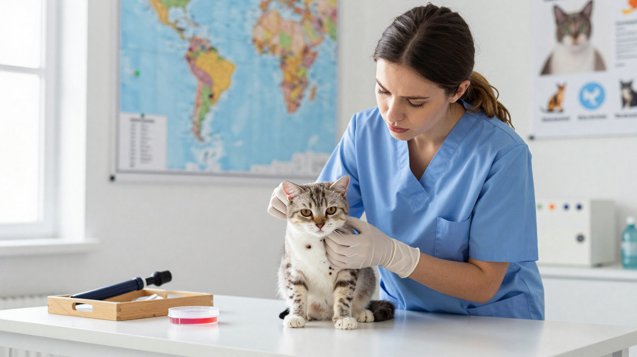 Veterinária examinando um gato cinza deitado sobre uma mesa branca em clínica.