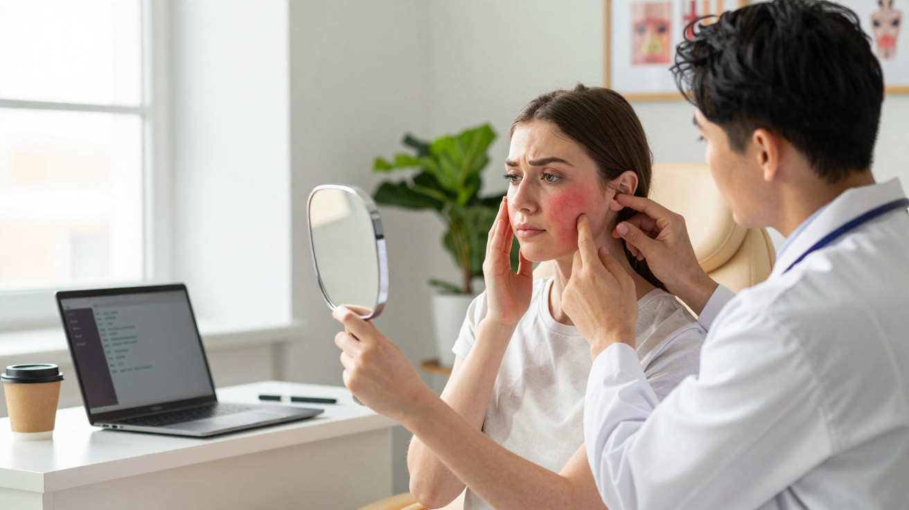 Paciente com face vermelha observada por médico durante consulta em clínica dermatológica.