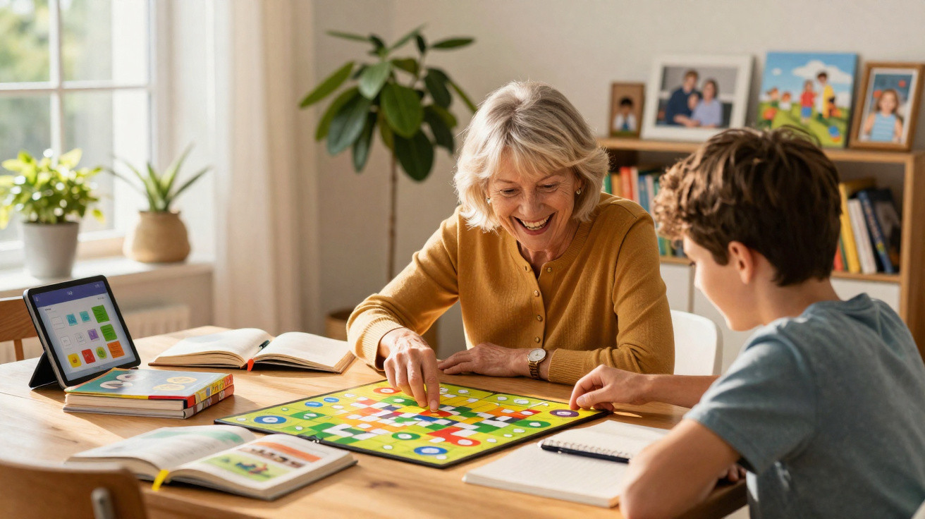Mulher idosa e menino jogando jogo de tabuleiro em mesa com livros e tablet ao lado.
