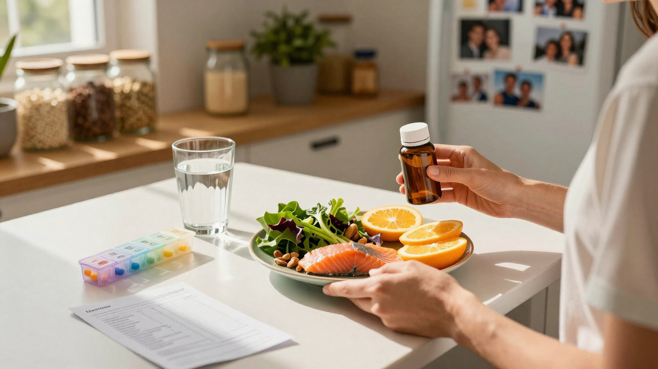 Pessoa segurando frasco de suplemento perto de prato com salmão, salada e laranja na cozinha iluminada.