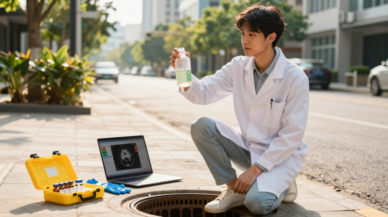 Cientista em jaleco verifica amostra coletada próximo a bueiro na rua com laptop aberto ao lado.