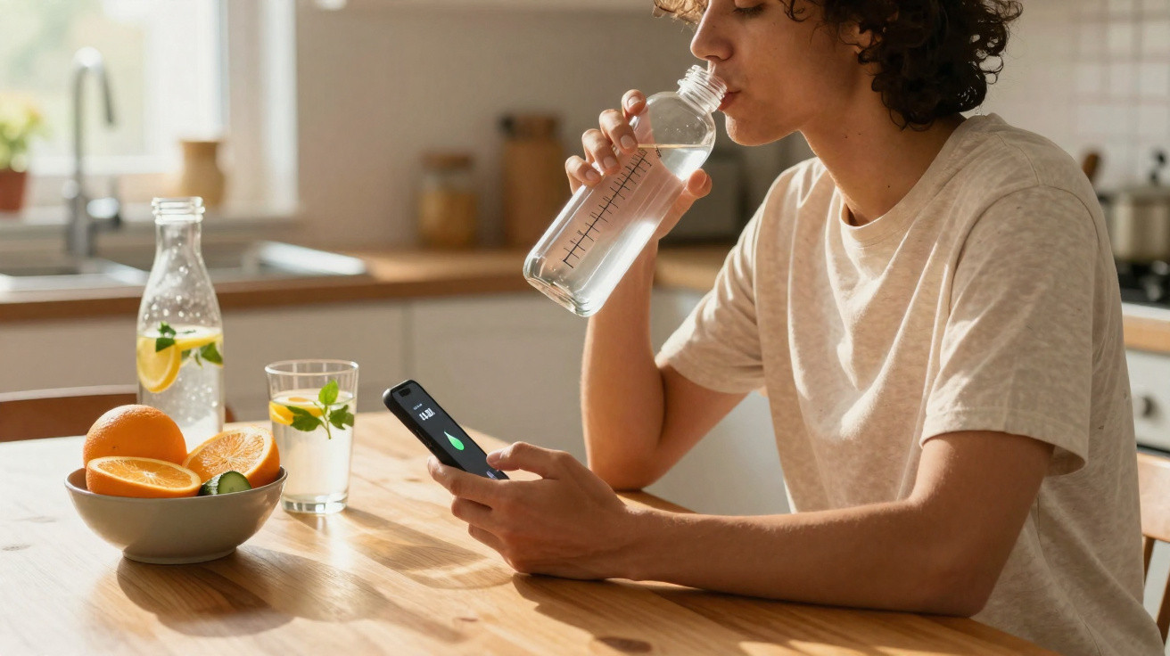 Pessoa bebendo água e usando celular em cozinha com frutas e copo de água com limão sobre a mesa.