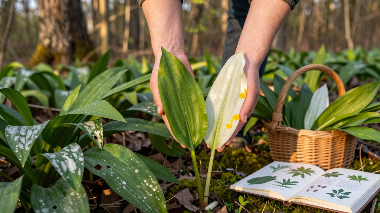 Mãos segurando folhas de planta, cesta com folhas e livro aberto com ilustrações botânicas na floresta.