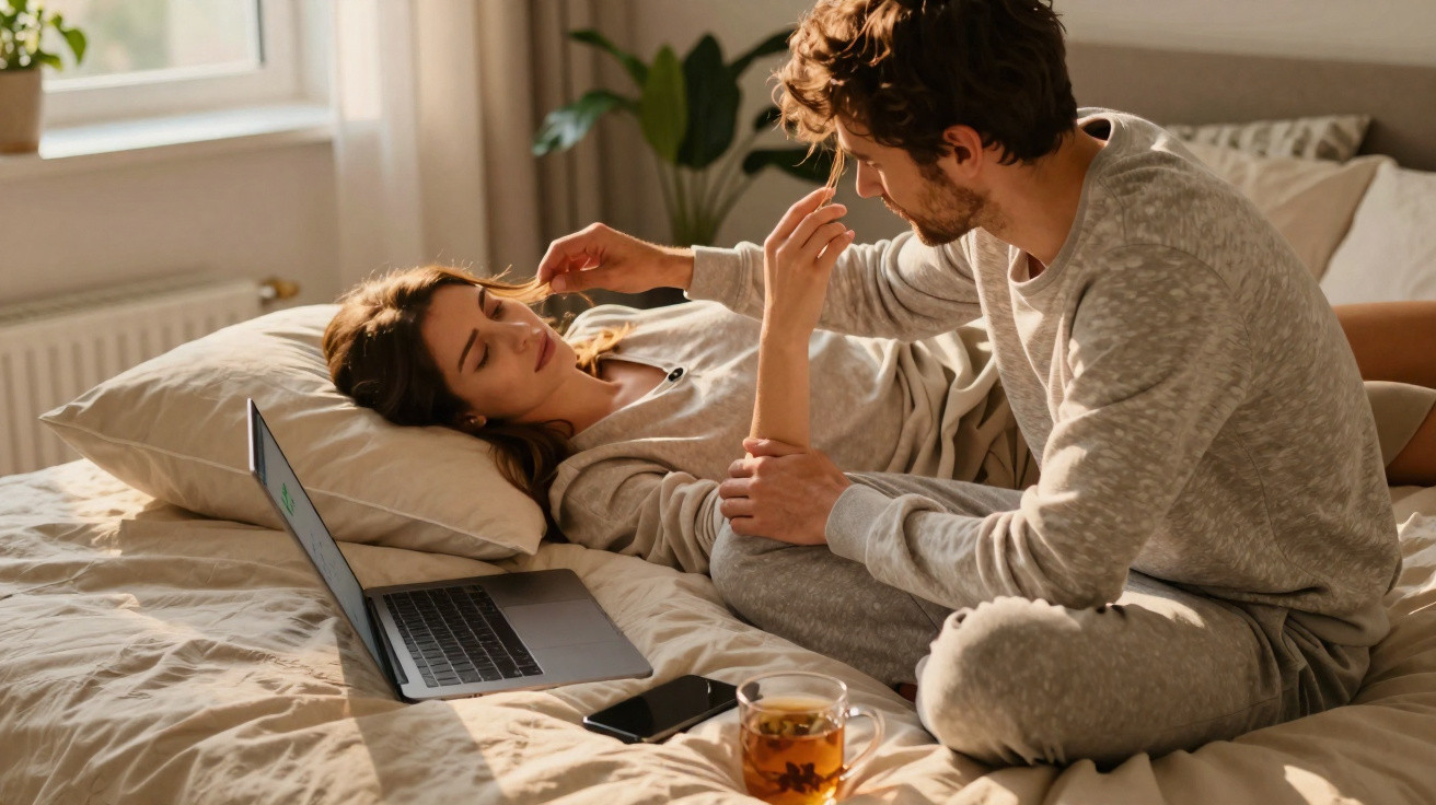 Casal em momento íntimo na cama, com laptop, celular e xícara de chá ao lado.