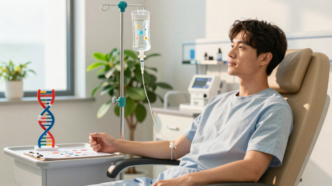 Jovem recebendo tratamento intravenoso sentado em clínica médica com modelo de DNA na mesa ao lado.