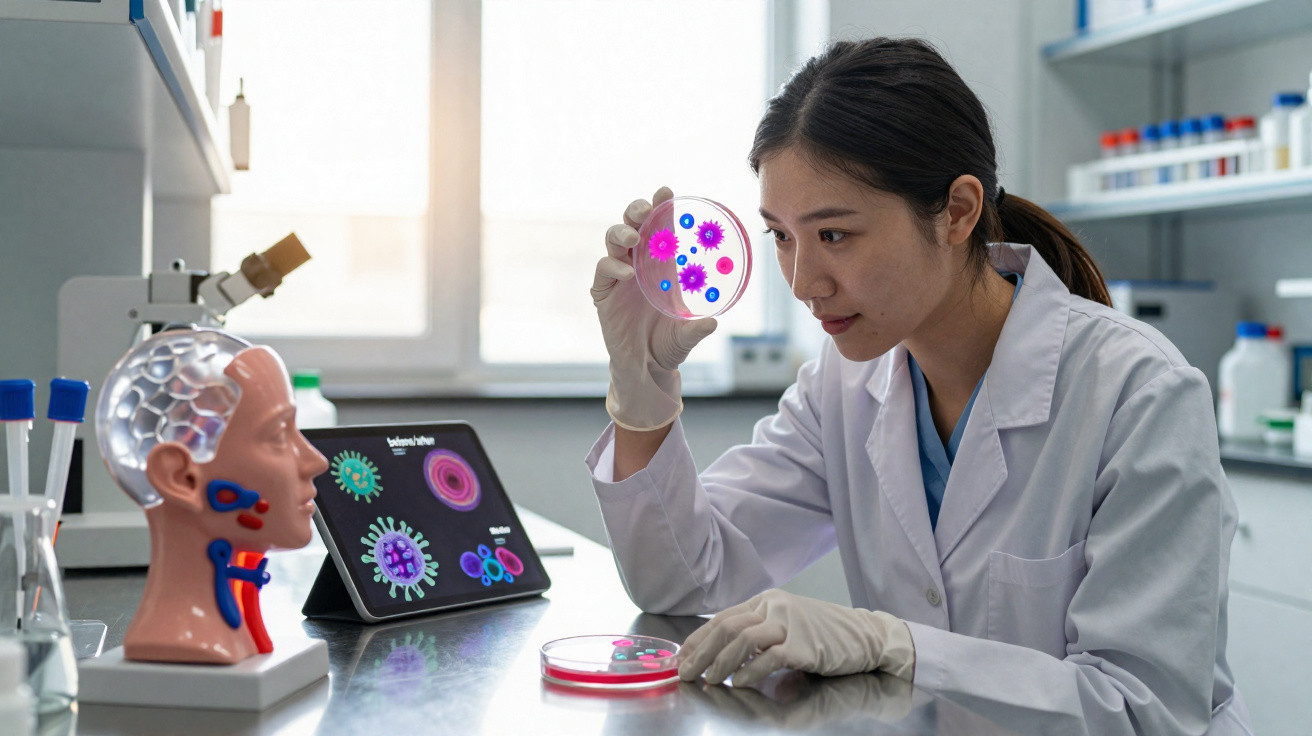 Cientista examinando cultura de bactérias em placa de petri em laboratório moderno.