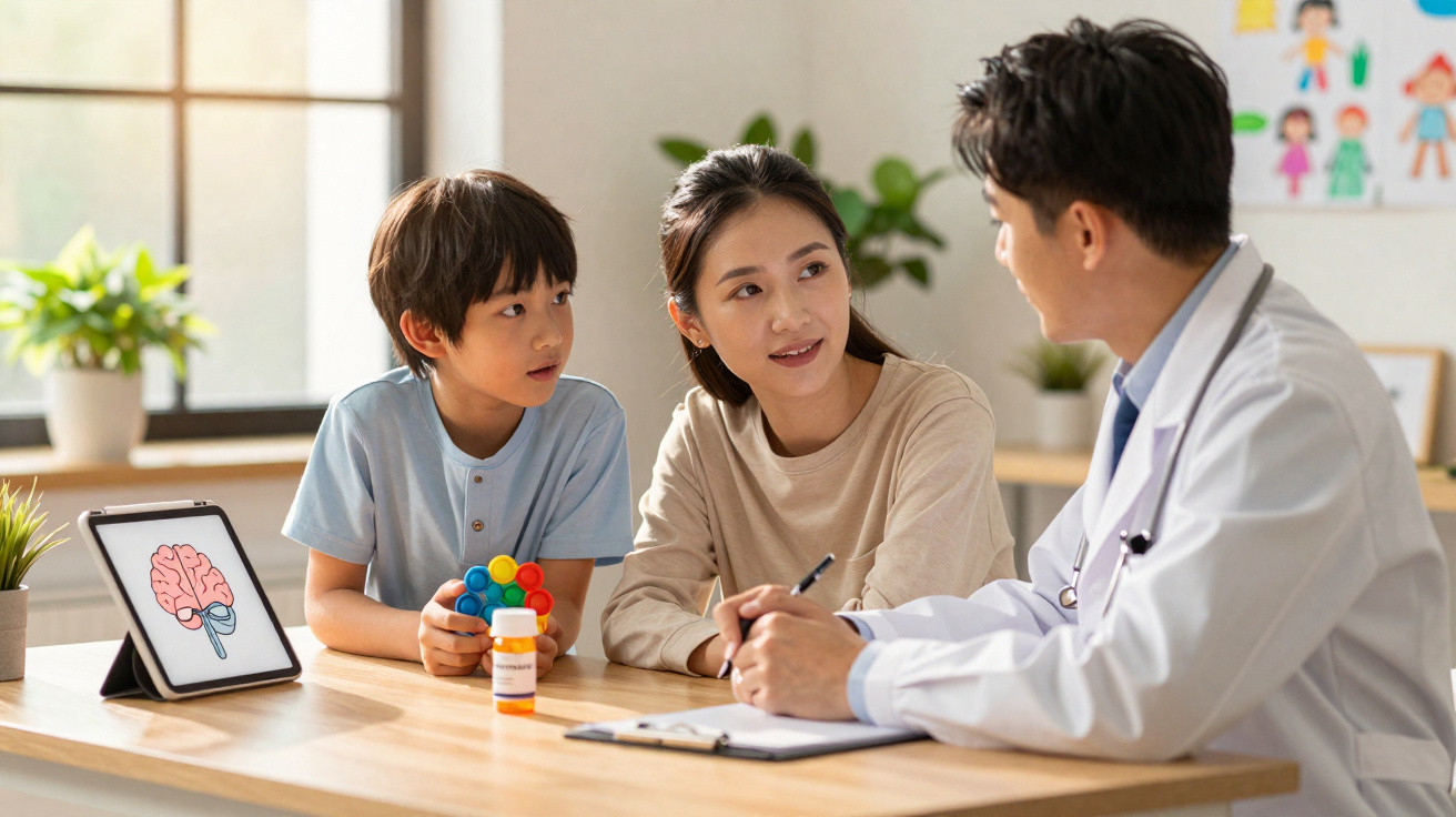 Médico conversa com mãe e filho em consultório com ilustração digital do cérebro na mesa.