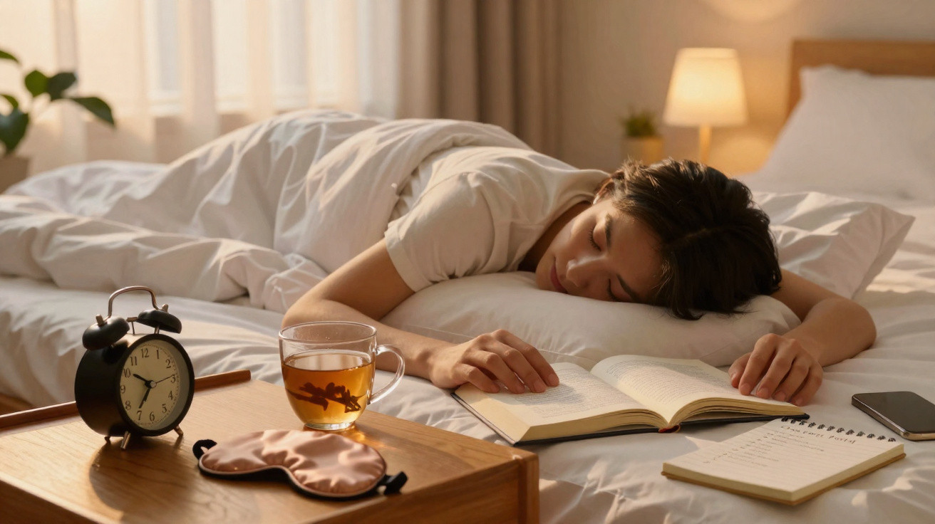 Mulher dormindo na cama ao lado de livro aberto, xícara de chá, máscara de dormir, caderno e telefone.