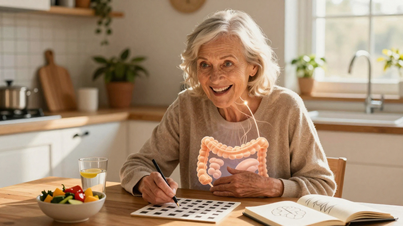 Mulher idosa sorrindo, resolvendo palavras cruzadas na cozinha com imagem ilustrativa do intestino.