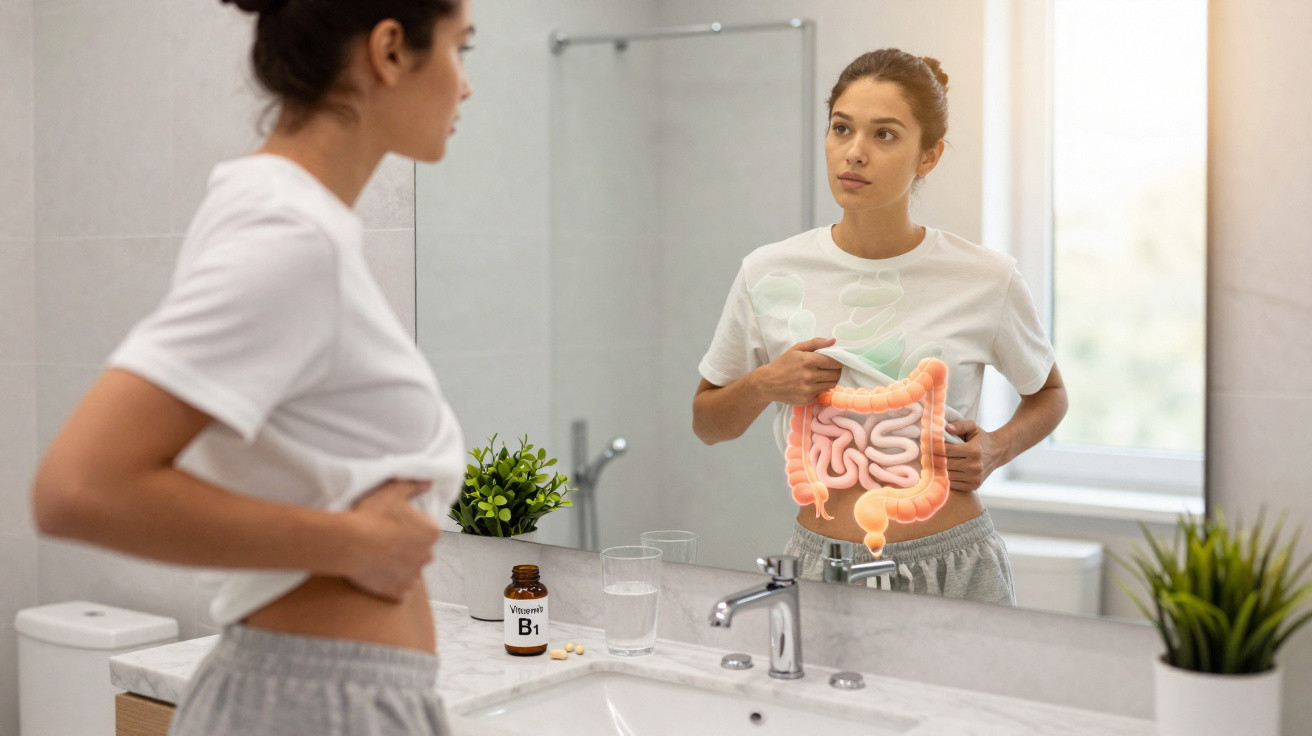 Mulher olhando no espelho segurando a barriga com ilustração do sistema digestivo e suplemento de vitamina B1.