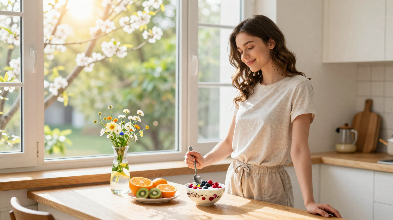 Mulher jovem sorrindo enquanto come frutas em tigela na cozinha iluminada pela luz do sol.