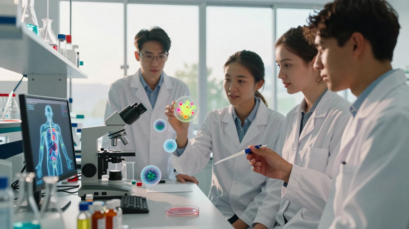 Grupo de cientistas analisando cultura de microrganismos em laboratório moderno.