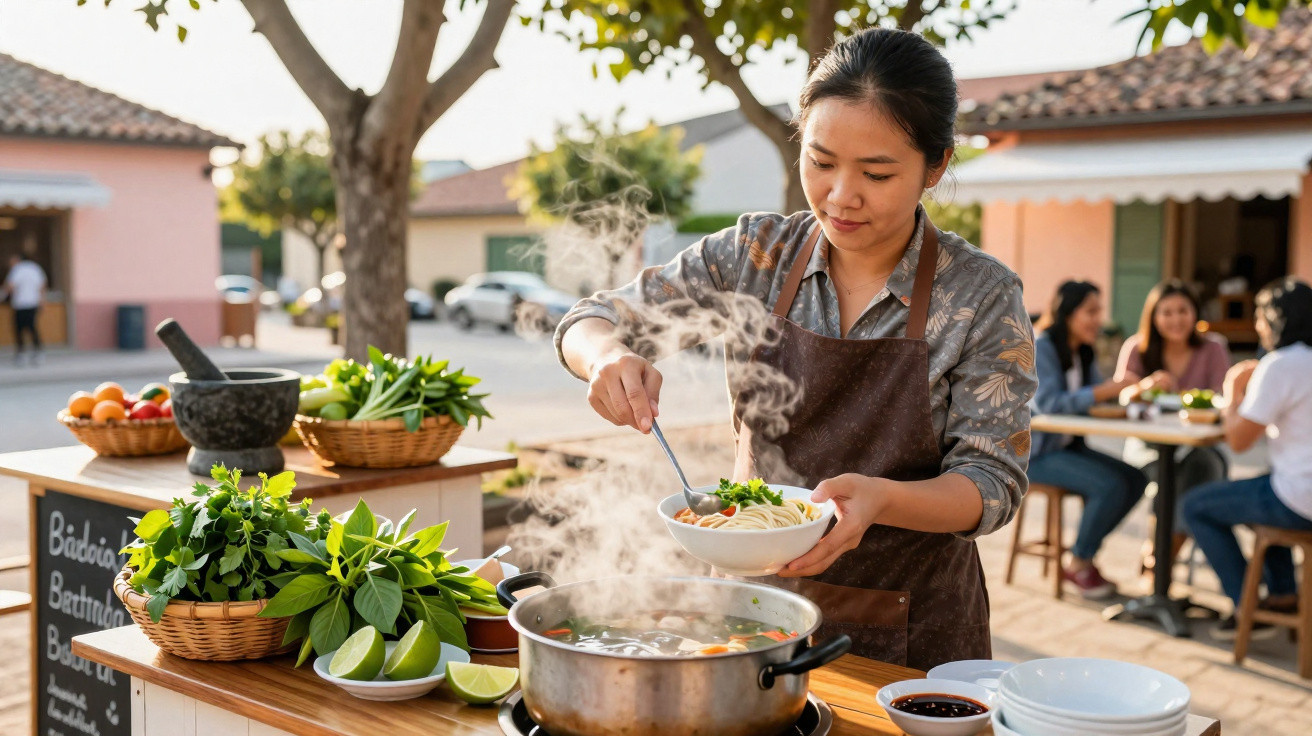 Mulher servindo sopa quente em tigela num mercado ao ar livre com ervas e legumes frescos.