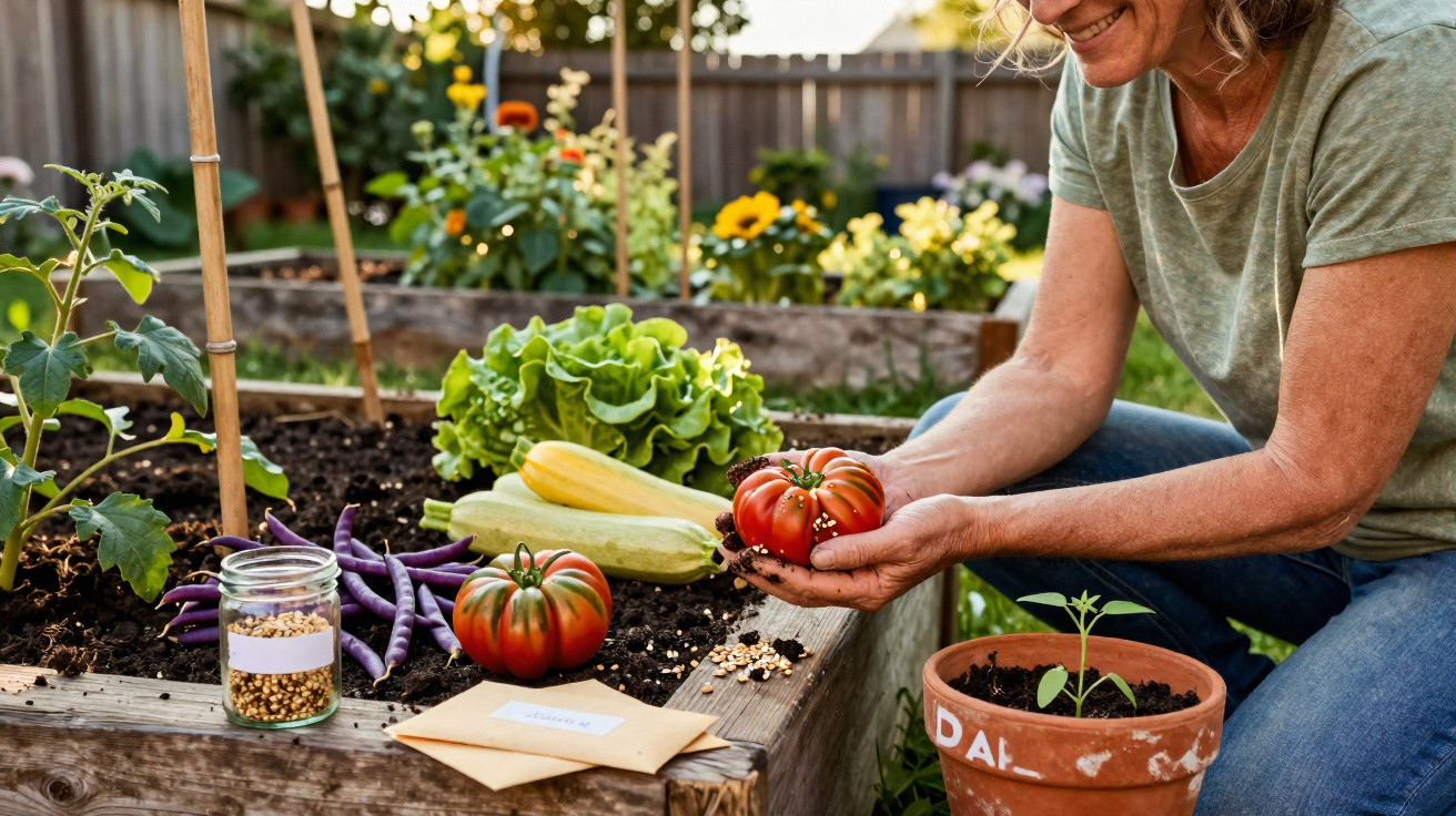 Mulher colhendo tomate orgânico em horta caseira com legumes e sementes ao redor.