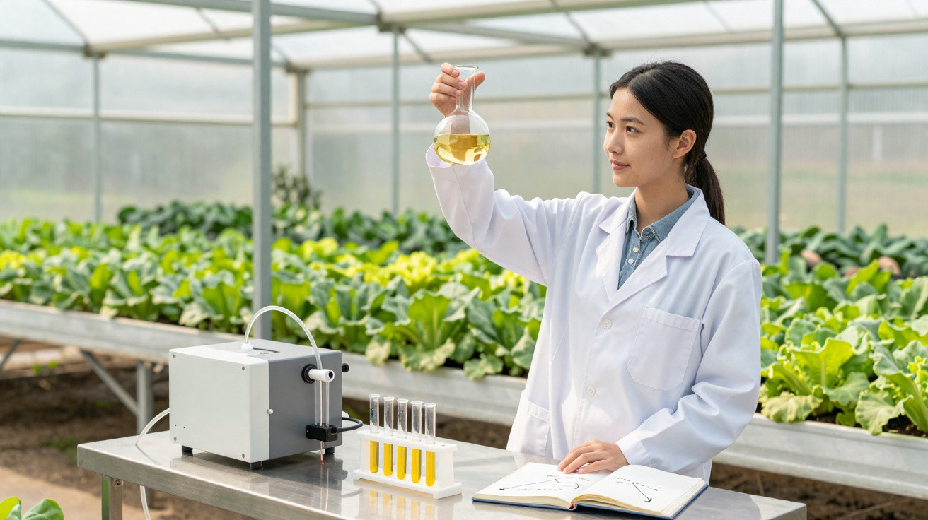 Cientista em jaleco examinando líquido amarelo em frasco dentro de estufa com plantações ao fundo.