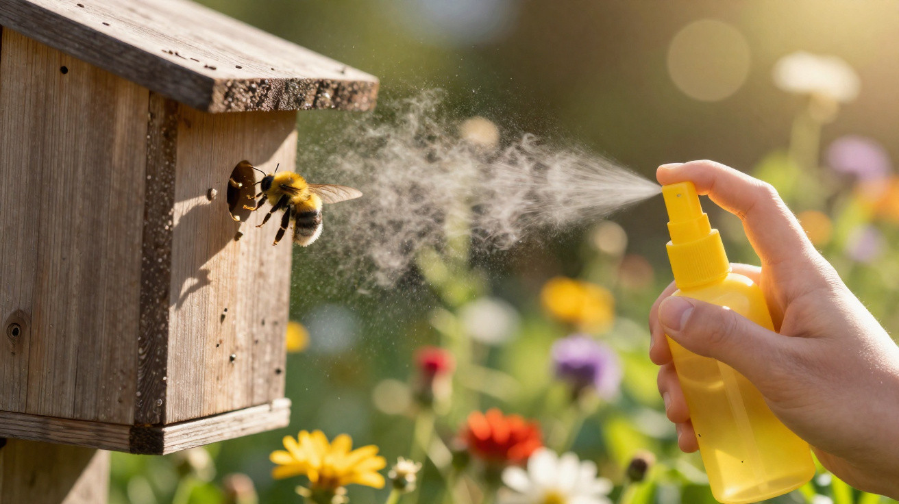 Mão borrifando spray amarelo em abelha perto de caixa de madeira em jardim florido.