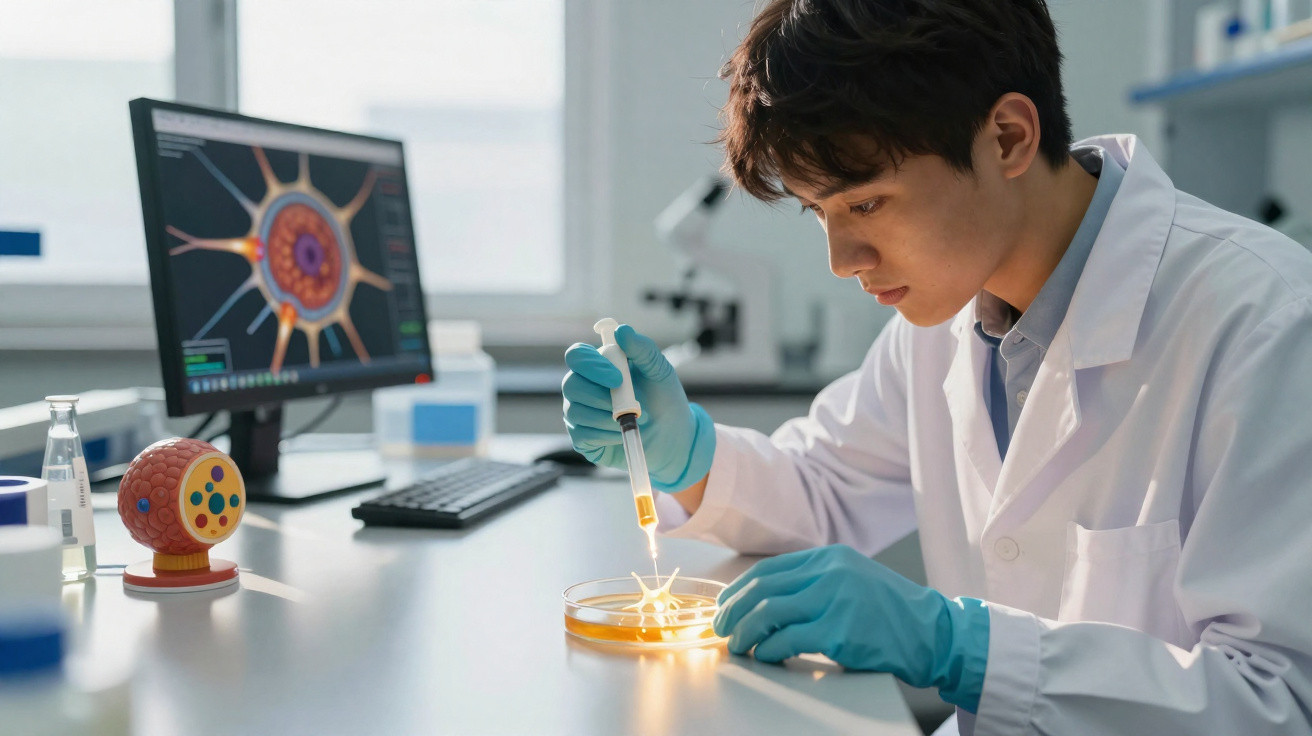 Cientista em laboratório usando pipeta para manipular amostra em placa de Petri iluminada.