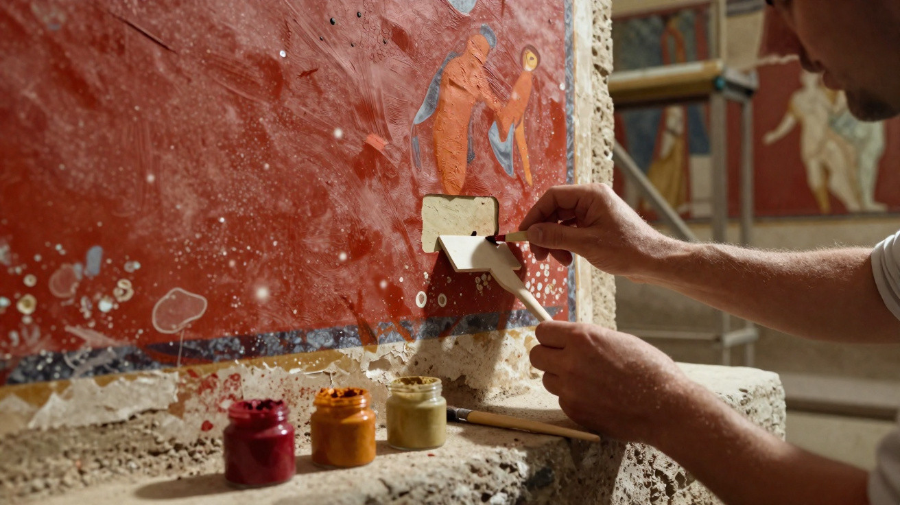 Restaurador recupera pintura vermelha antiga com figuras humanas em parede histórica.