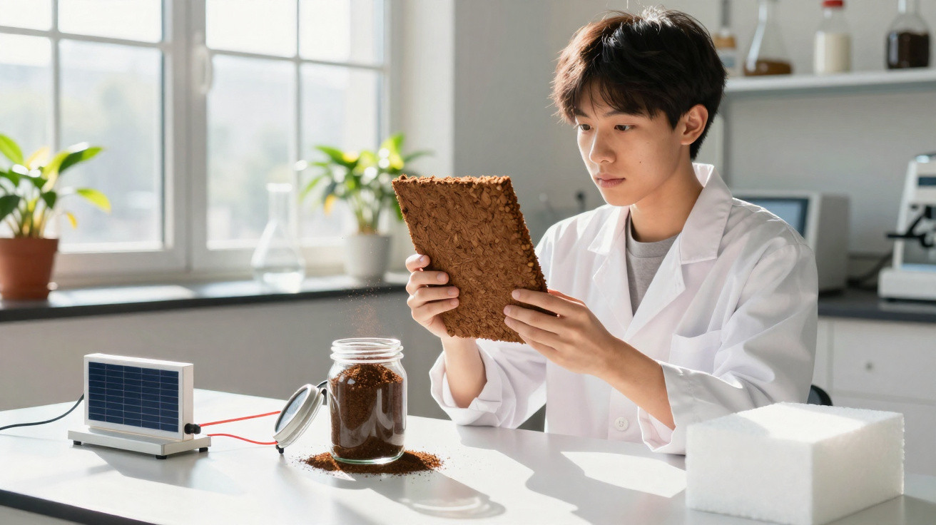 Jovem cientista em laboratório segurando painel sustentável feito de material natural, com solar e frascos na mesa.