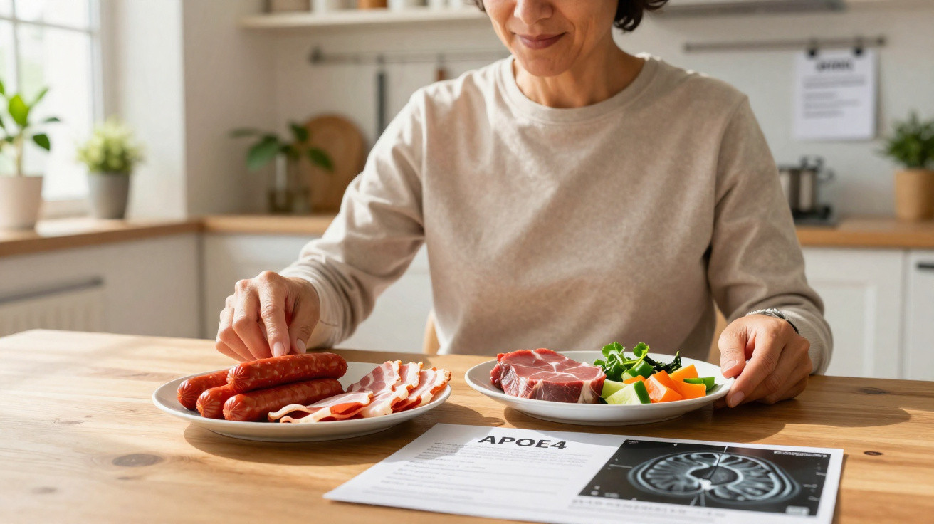 Mulher decidindo entre prato de embutidos e prato de alimentos saudáveis na mesa da cozinha.