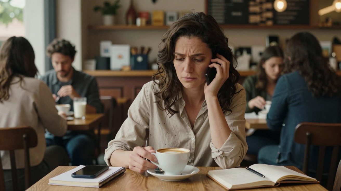 Mulher preocupada falando ao celular em cafeteria, com café e livros à sua frente.