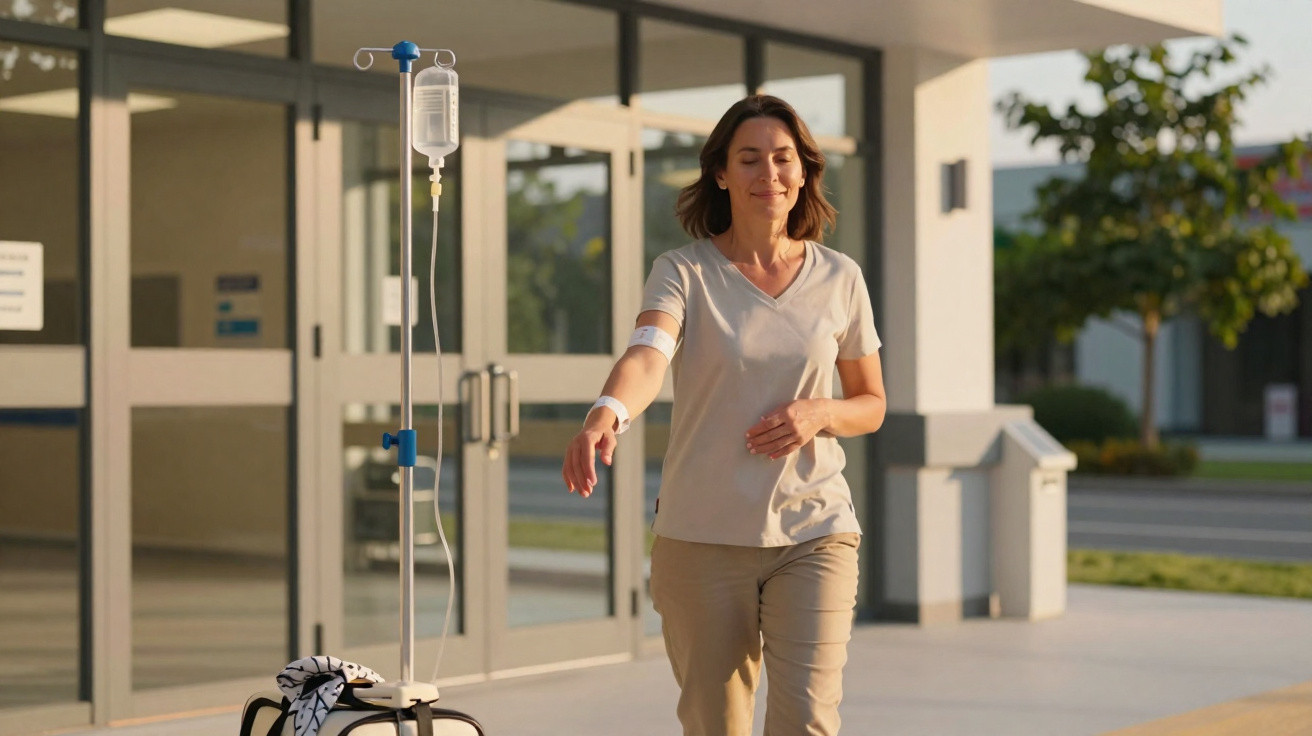 Mulher caminhando sorrindo ao ar livre com soro conectado e roupa casual clara em hospital moderno.