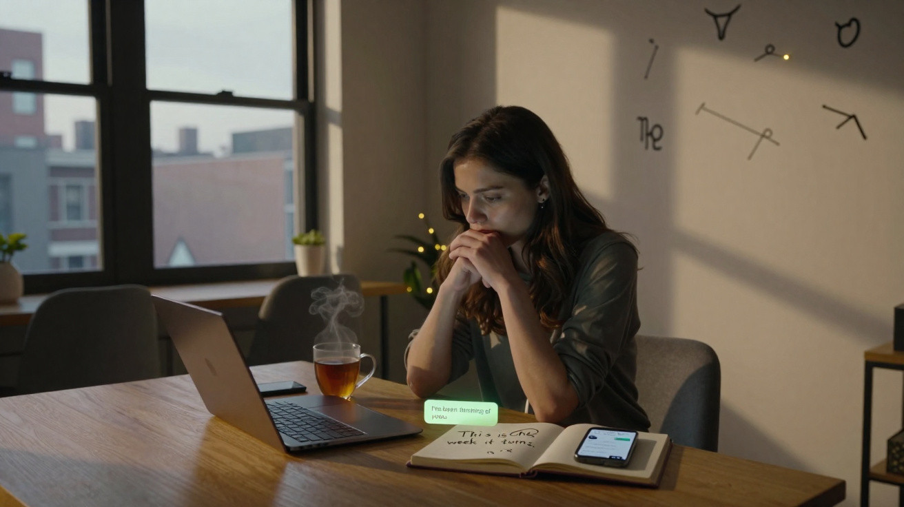 Mulher concentrada trabalhando à noite com laptop, caderno, celular e chá em mesa de madeira.